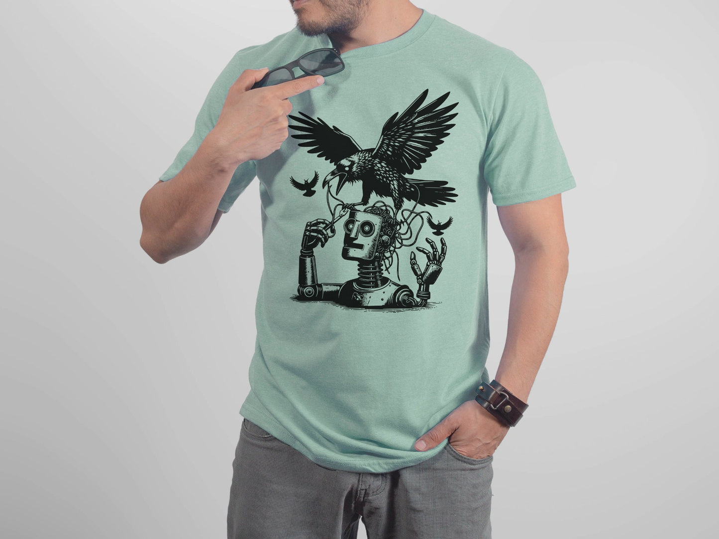 Raven Shirt Robot vs Raven Crewneck Tee Warcore Techwear Steampunk Shirt Warcore Style T-Shirt Unique Pastel Goth Gift