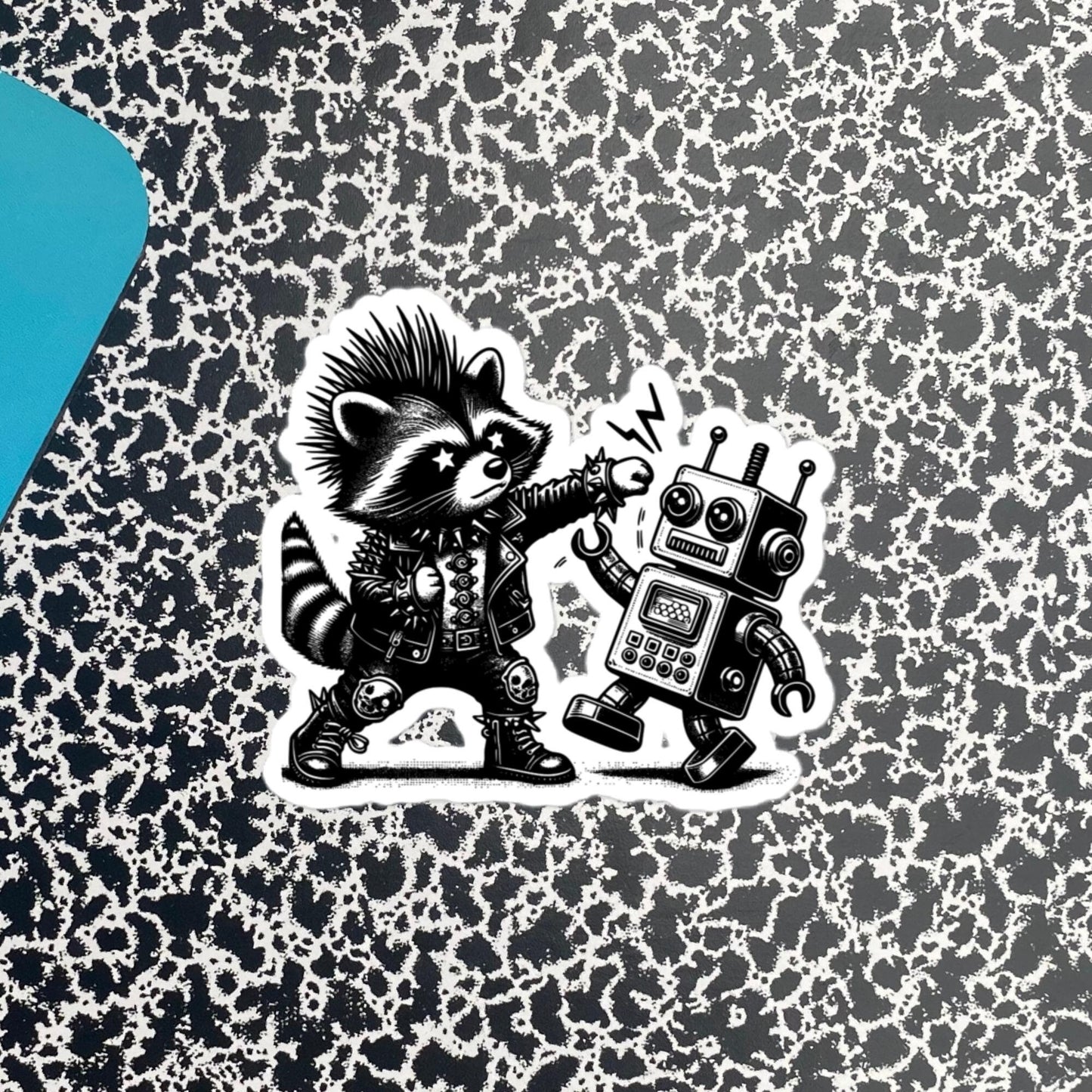 Punk Rock Raccoon Fighting Robot Sticker, Weirdcore Raccoon vs Machine Sticker, Original Design Weird Stuff Gift