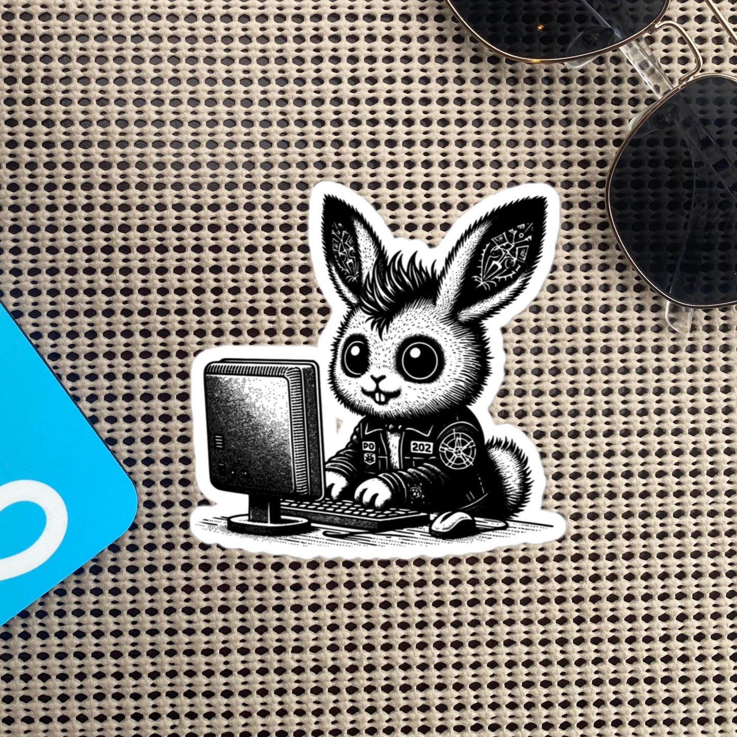 Punk Rock Bunny on Computer Sticker, Cyberpunk Rabbit with Tech Sticker, Weirdcore Weird Stuff, Original Design Gift