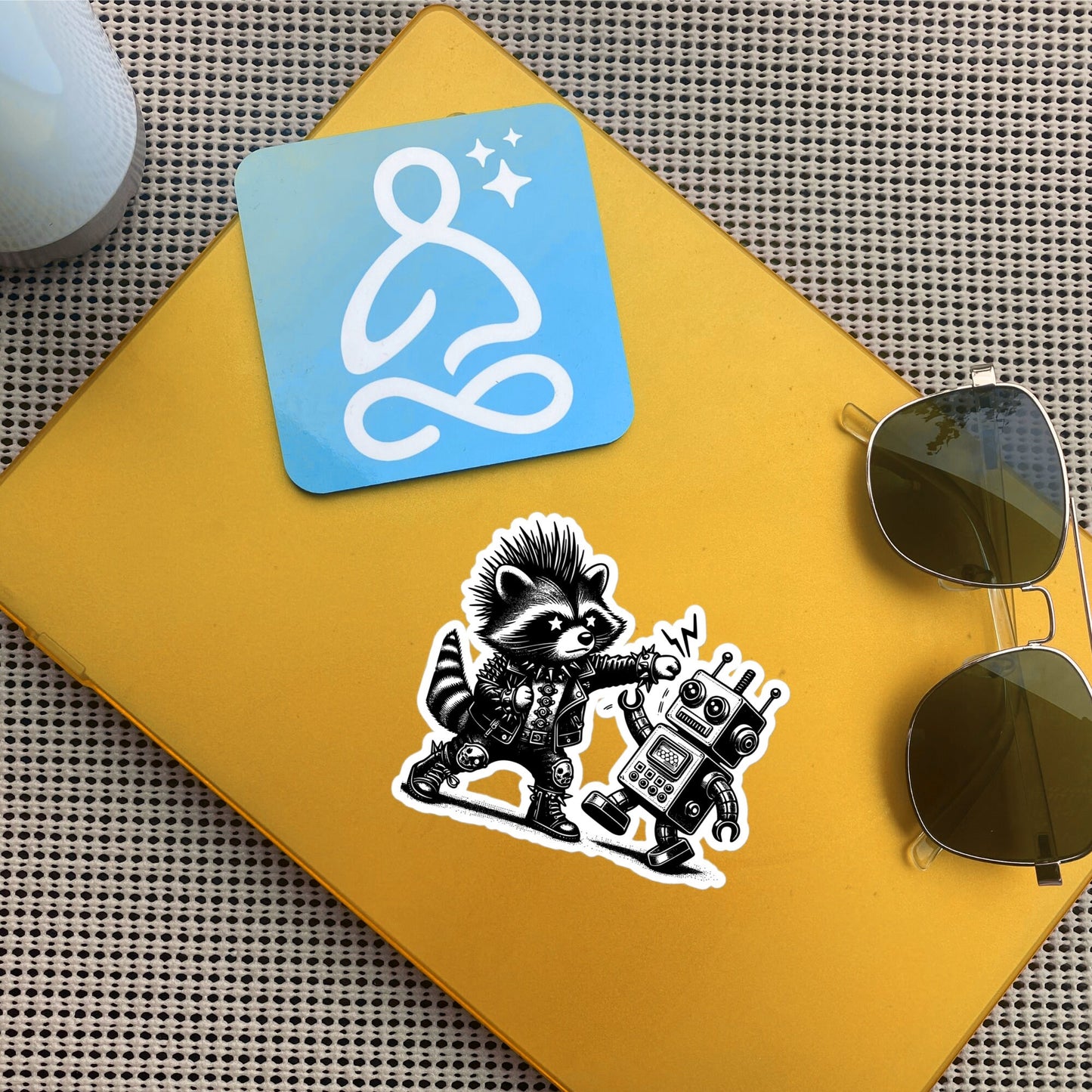 Punk Rock Raccoon Fighting Robot Sticker, Weirdcore Raccoon vs Machine Sticker, Original Design Weird Stuff Gift