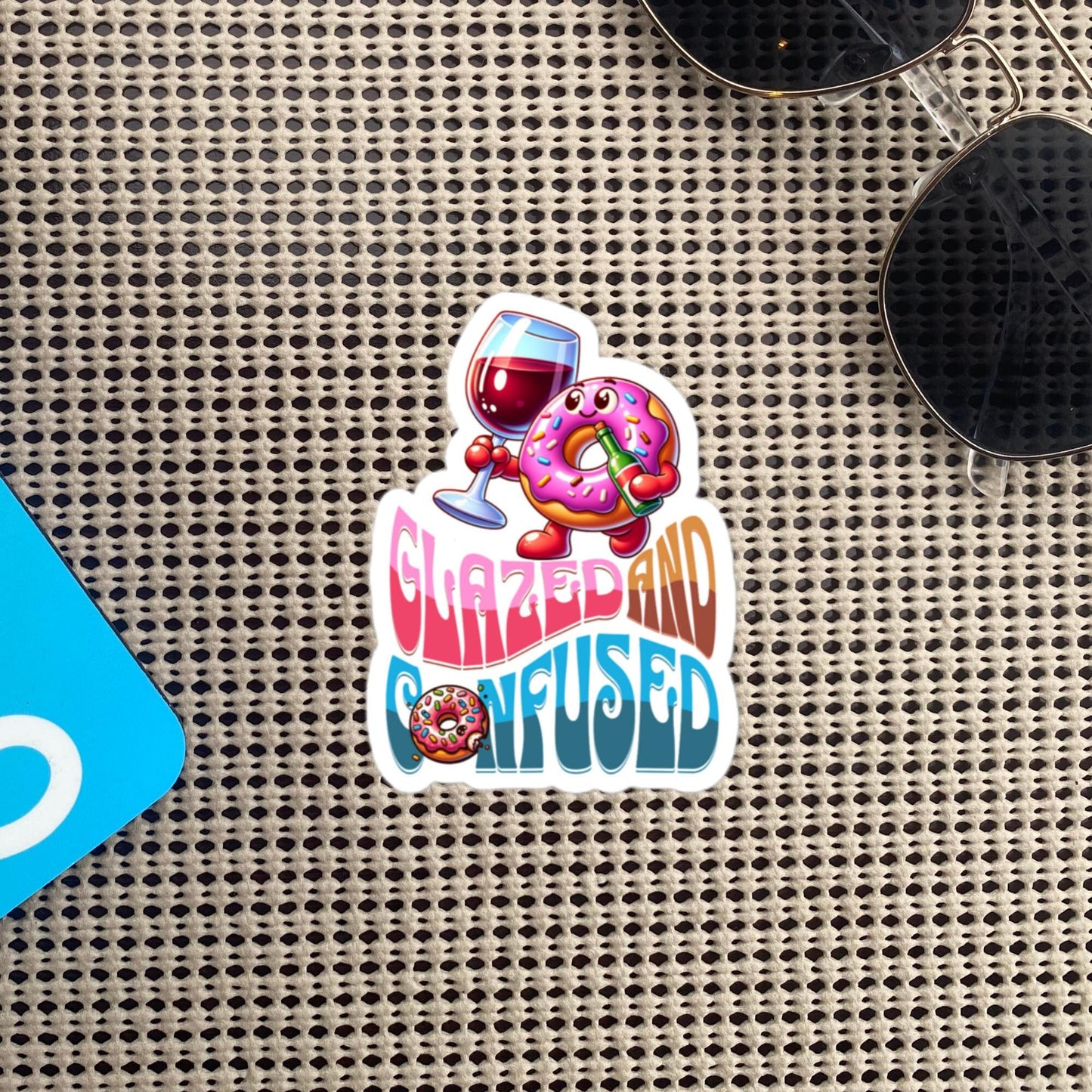 Glazed And Confused Funny Cute Pastel Sticker, Wine and Donut Sticker, Sassy Unique Gift, Original Design