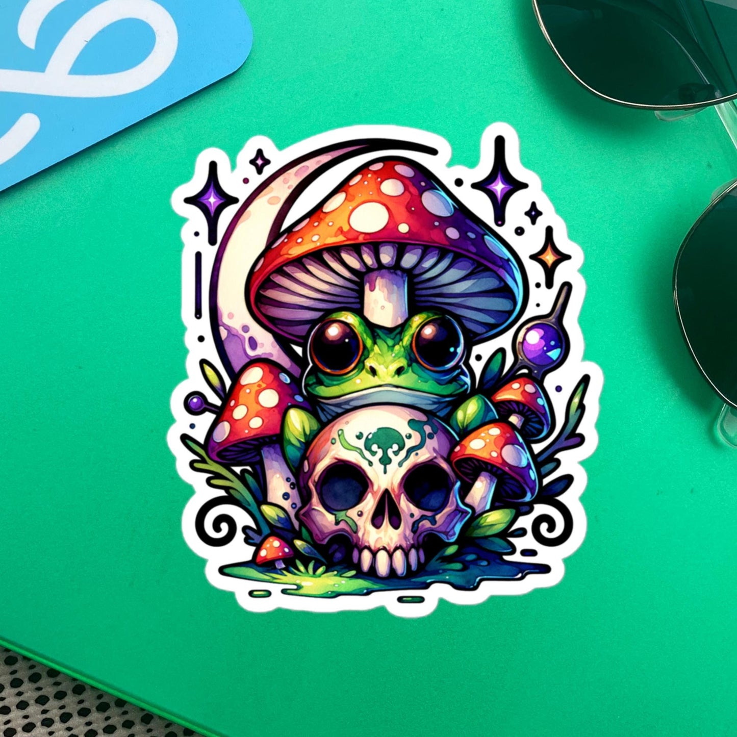 Whimsigoth Weirdcore Frog Mushroom Skull Vinyl Sticker, for Car, Bumper, Scrapbooking, Skateboards, or Crafts