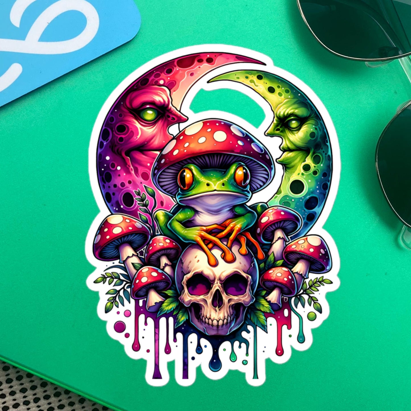 Drippy Trippy Frog Skull Mushroom Original Art Vinyl Sticker for Car, Bumper, Scrapbooking, Skateboards, or Crafts