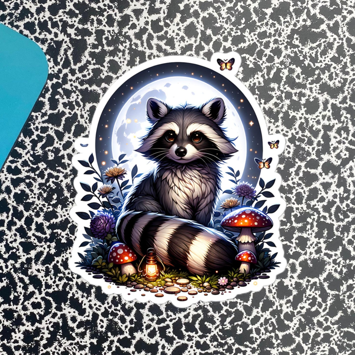 Whimsigoth Dreamcore Raccoon In Moonlight Mushrooms and Moths Original Art Unique Vinyl Sticker