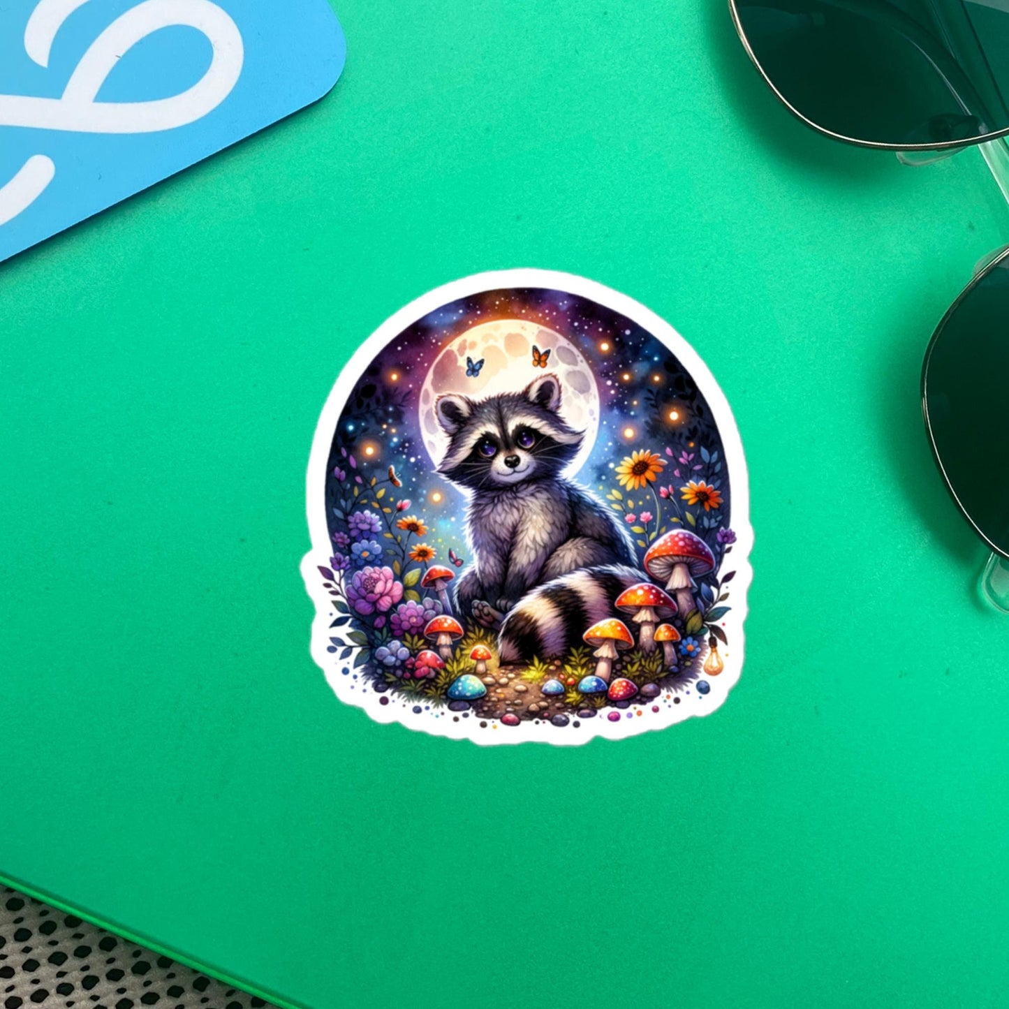 Whimsical Goth Cute Big Eyed Raccoon Forestcore Moonlight Mushroom Original Art Vinyl Sticker