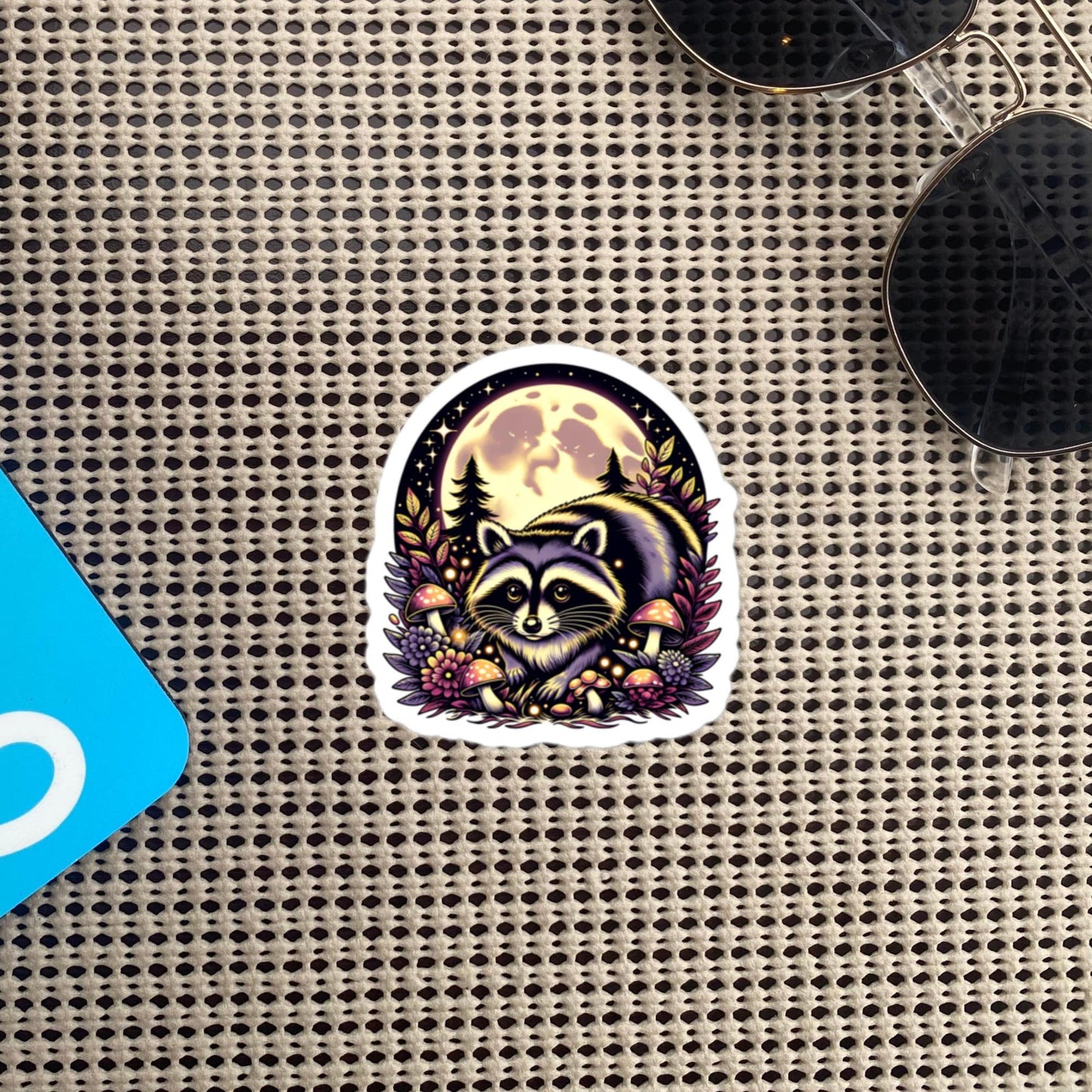 Cute Chubby Resting Raccoon in Mushrooms Under Moon Whimsigoth Dreamcore Vinyl Sticker