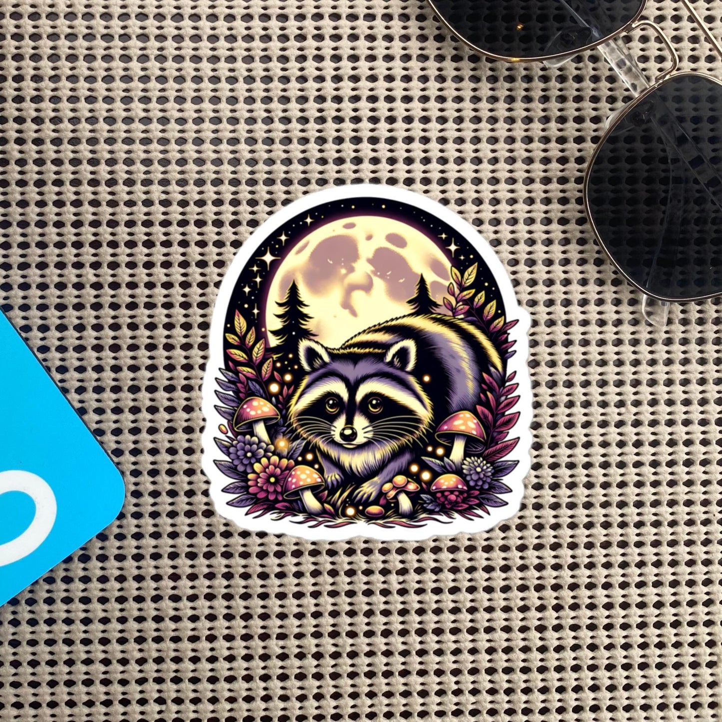 Cute Chubby Resting Raccoon in Mushrooms Under Moon Whimsigoth Dreamcore Vinyl Sticker