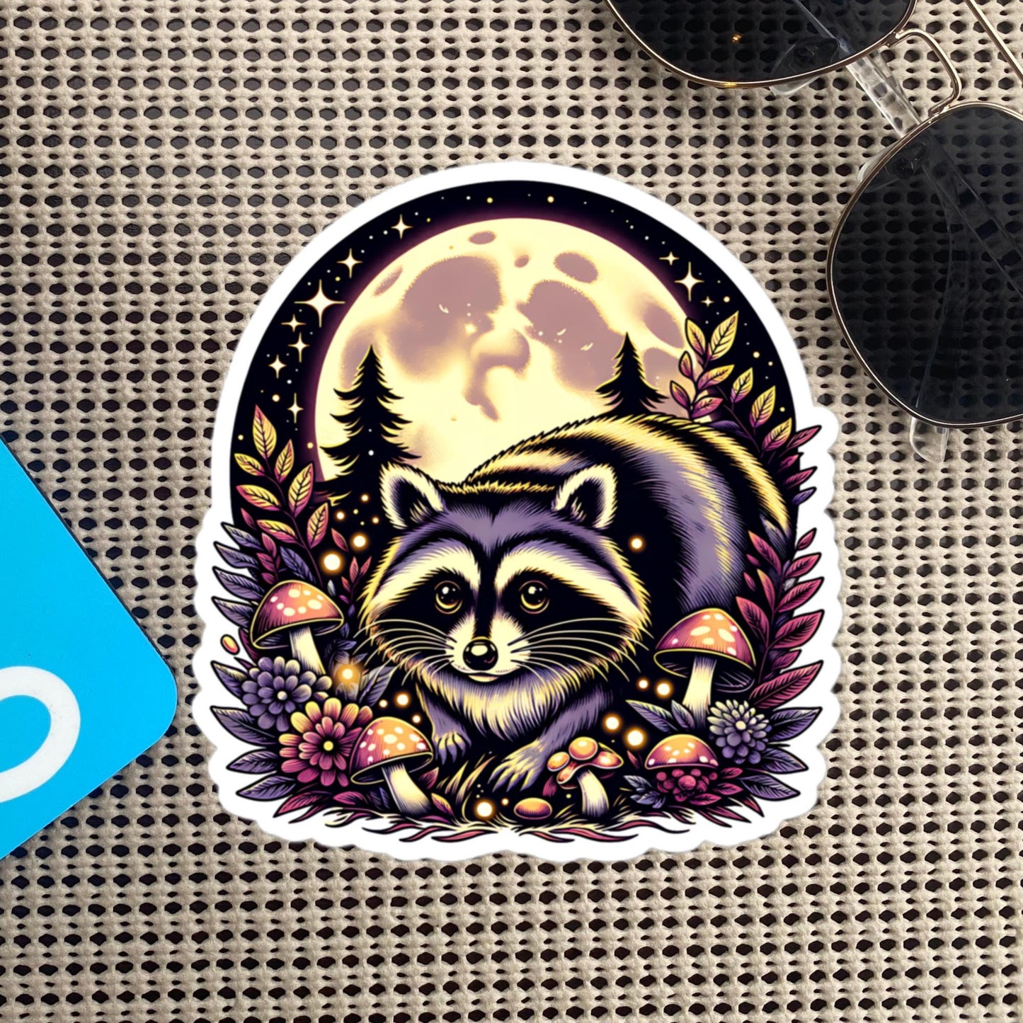 Cute Chubby Resting Raccoon in Mushrooms Under Moon Whimsigoth Dreamcore Vinyl Sticker