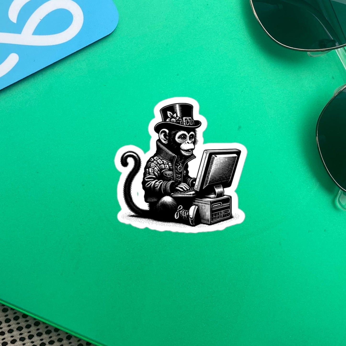Punk Rock Monkey on Computer Sticker, Cyberpunk Chimp with Tech Sticker, Weirdcore Weird Stuff, Original Steampunk Art Unique Gift
