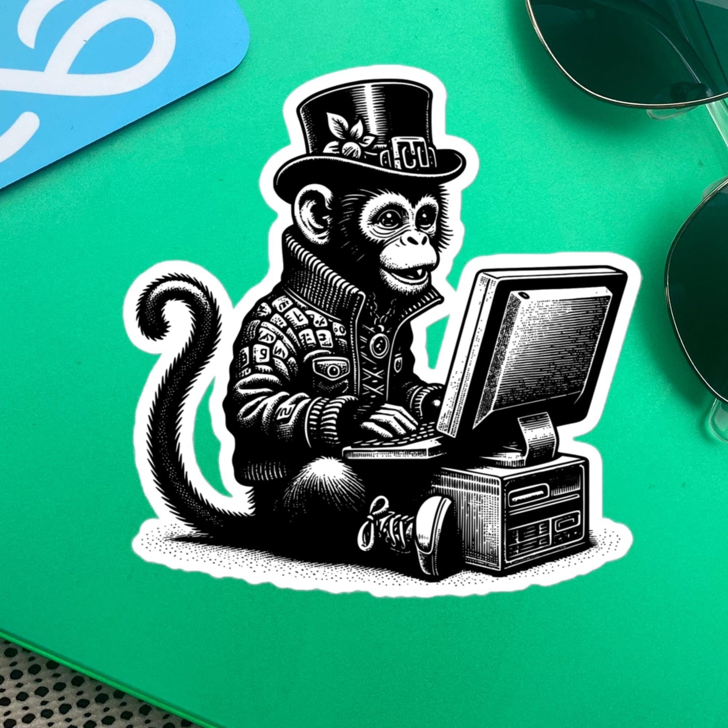 Punk Rock Monkey on Computer Sticker, Cyberpunk Chimp with Tech Sticker, Weirdcore Weird Stuff, Original Steampunk Art Unique Gift