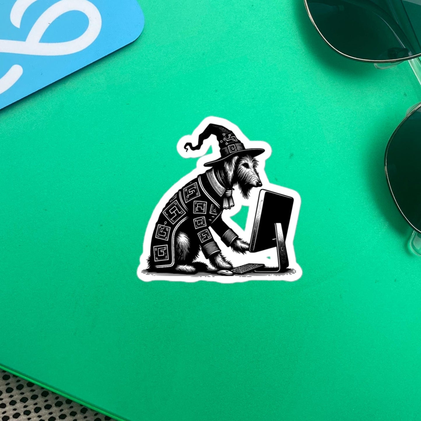 Punk Rock Irish Wolfhound on Computer Sticker, Cyberpunk Dog with Tech Sticker, Weirdcore Weird Stuff, Original Steampunk Art Unique Gift
