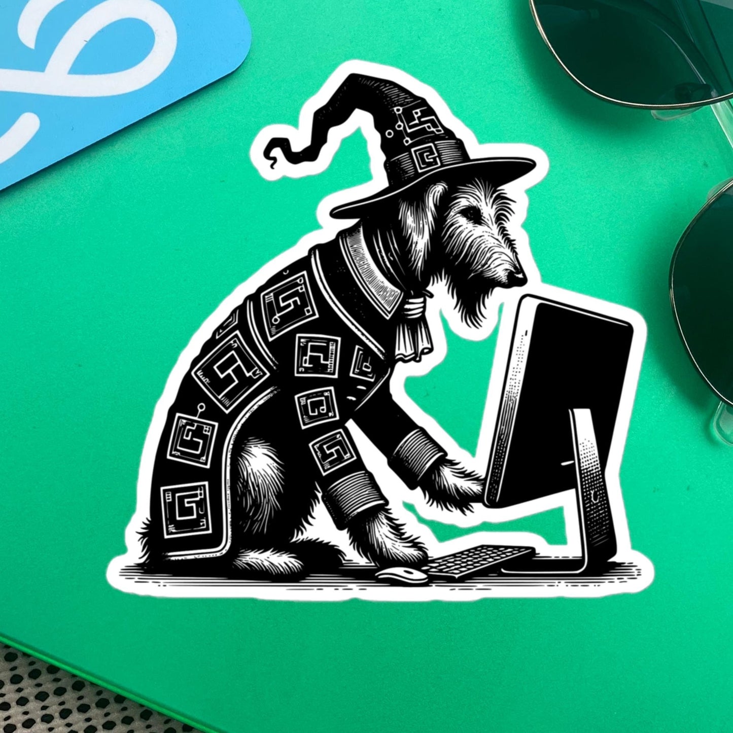 Punk Rock Irish Wolfhound on Computer Sticker, Cyberpunk Dog with Tech Sticker, Weirdcore Weird Stuff, Original Steampunk Art Unique Gift