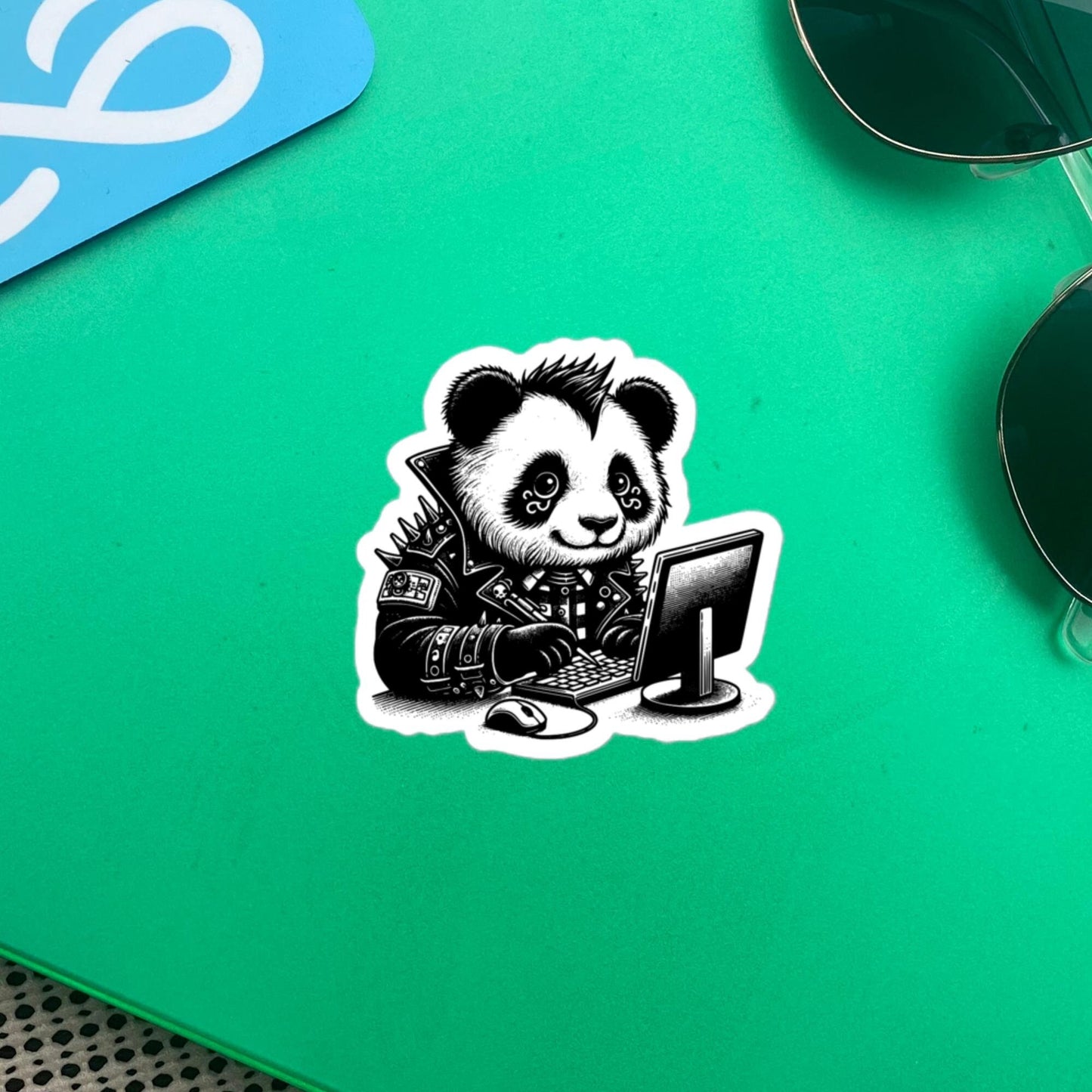 Punk Rock Panda on Computer Sticker, Cyberpunk Bear with Tech Sticker, Weirdcore Weird Stuff, Original Steampunk Art Unique Gift