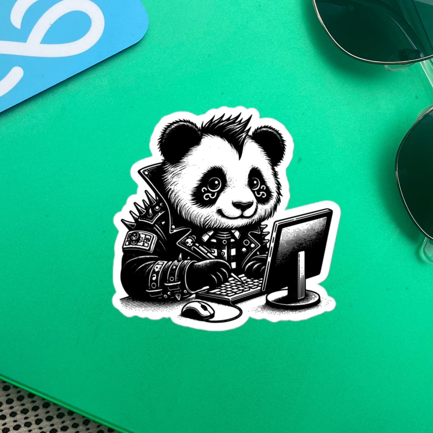 Punk Rock Panda on Computer Sticker, Cyberpunk Bear with Tech Sticker, Weirdcore Weird Stuff, Original Steampunk Art Unique Gift