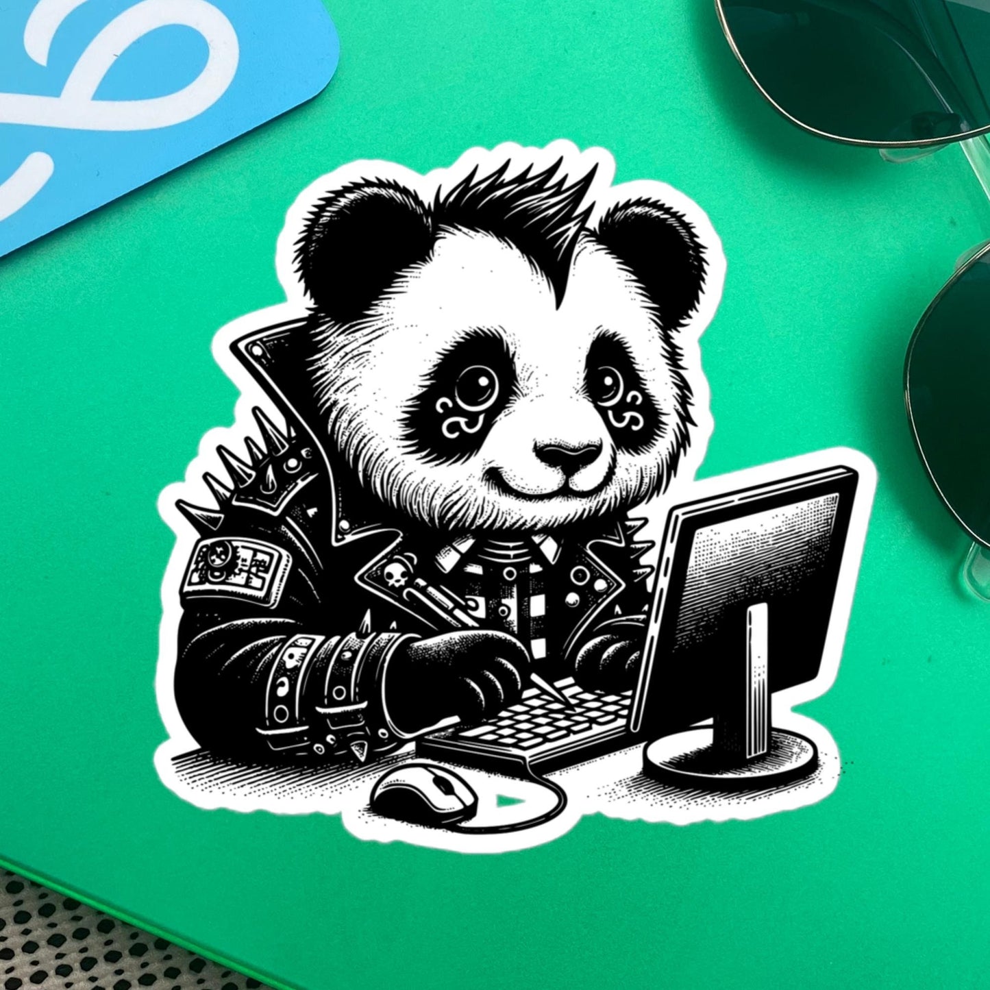 Punk Rock Panda on Computer Sticker, Cyberpunk Bear with Tech Sticker, Weirdcore Weird Stuff, Original Steampunk Art Unique Gift