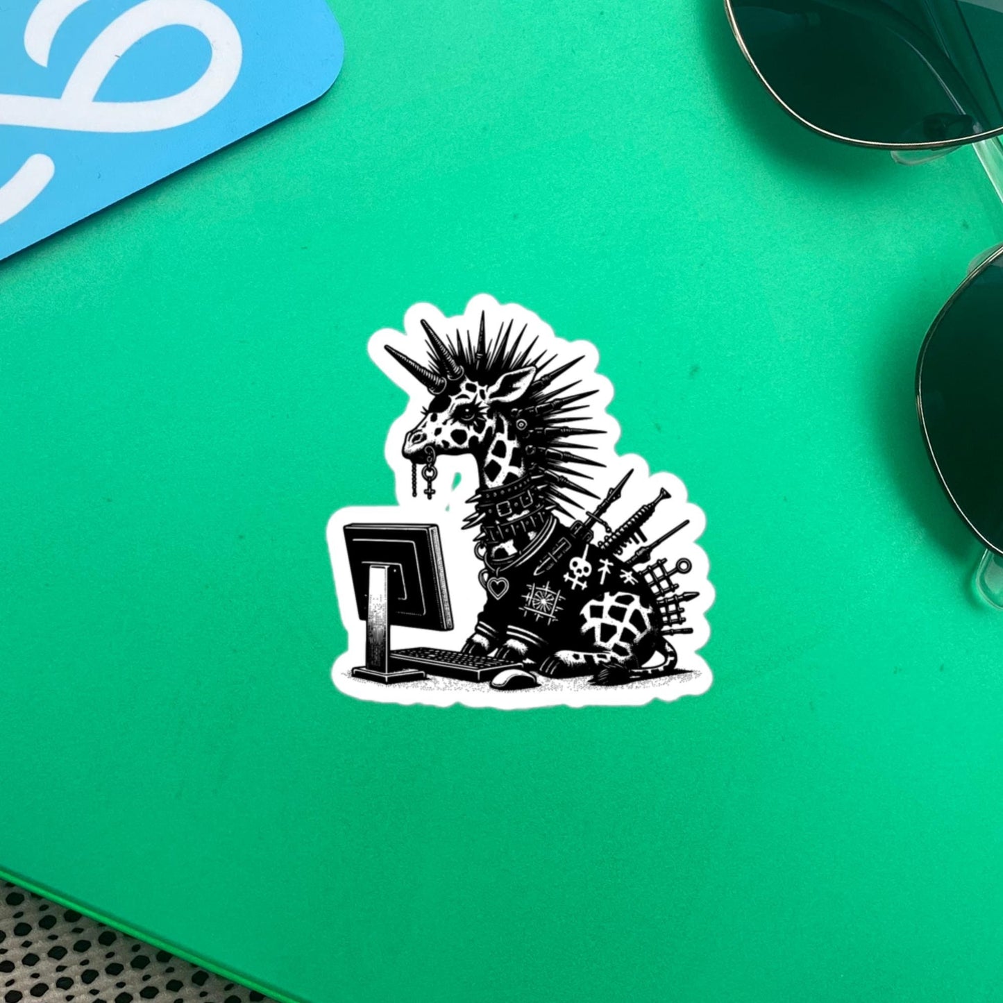 Punk Rock Giraffe on Computer Sticker, Cyberpunk Giraffe with Tech Sticker, Weirdcore Weird Stuff, Original Steampunk Warcore Art