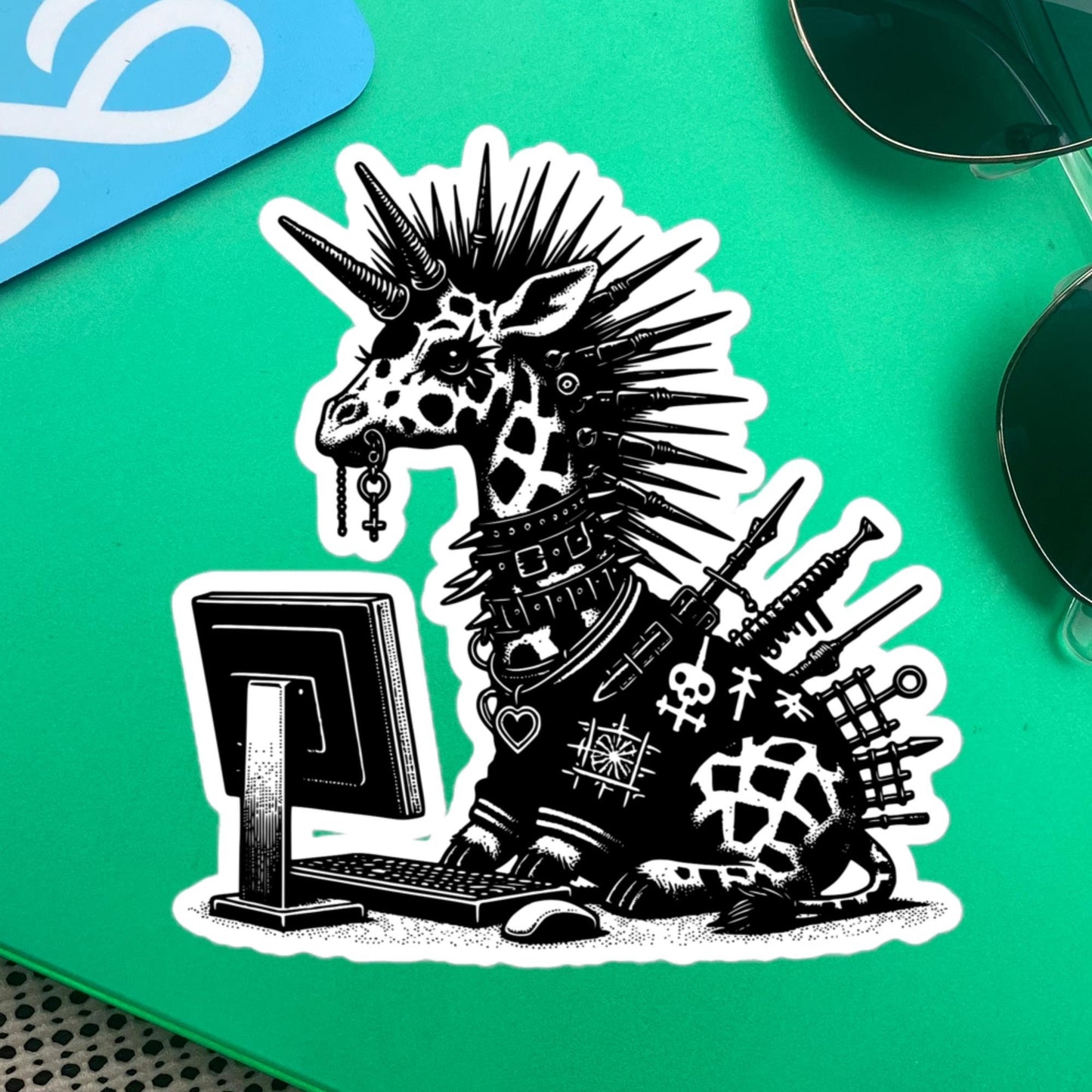 Punk Rock Giraffe on Computer Sticker, Cyberpunk Giraffe with Tech Sticker, Weirdcore Weird Stuff, Original Steampunk Warcore Art