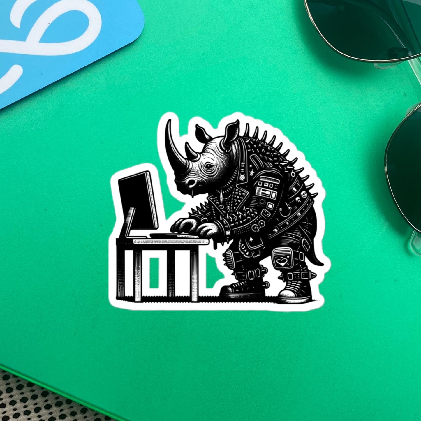 Punk Rock Rhino on Computer Sticker, Cyberpunk Rhinoceros with Tech Sticker, Weirdcore Weird Stuff, Original Steampunk Warcore Art