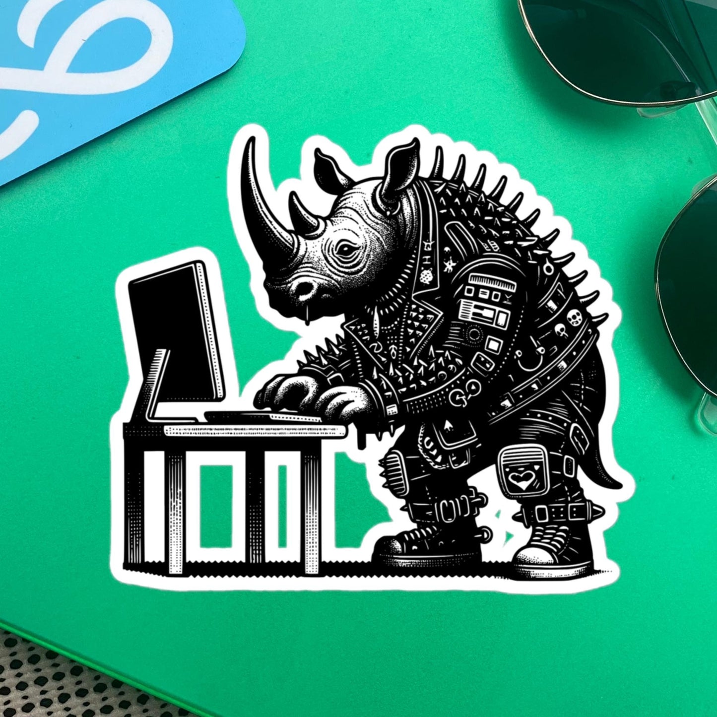 Punk Rock Rhino on Computer Sticker, Cyberpunk Rhinoceros with Tech Sticker, Weirdcore Weird Stuff, Original Steampunk Warcore Art