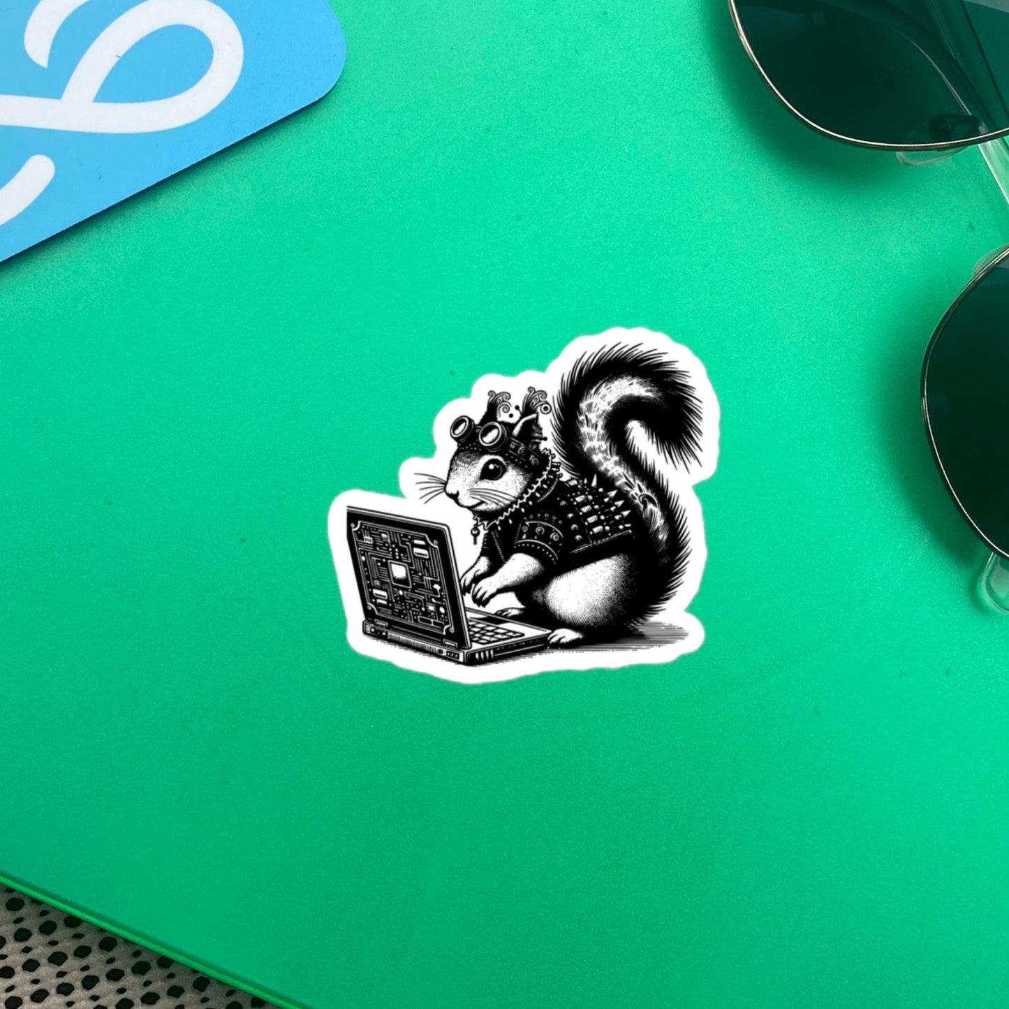 Punk Rock Squirrel on Computer Sticker, Cyberpunk Squirrel with Tech Sticker, Weirdcore Weird Stuff, Original Steampunk Warcore Art