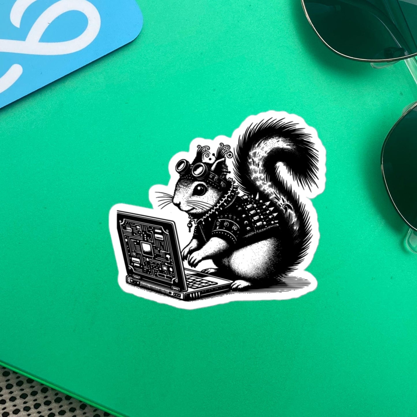 Punk Rock Squirrel on Computer Sticker, Cyberpunk Squirrel with Tech Sticker, Weirdcore Weird Stuff, Original Steampunk Warcore Art