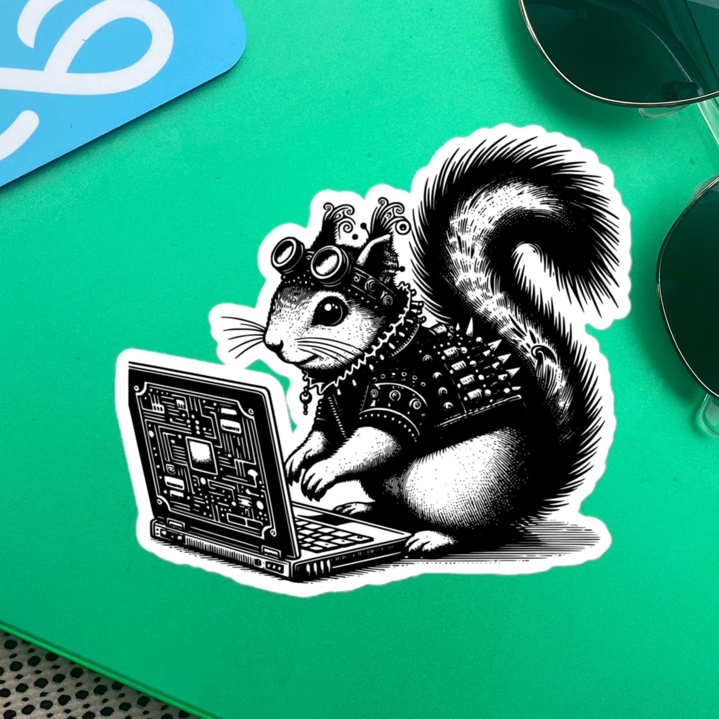 Punk Rock Squirrel on Computer Sticker, Cyberpunk Squirrel with Tech Sticker, Weirdcore Weird Stuff, Original Steampunk Warcore Art