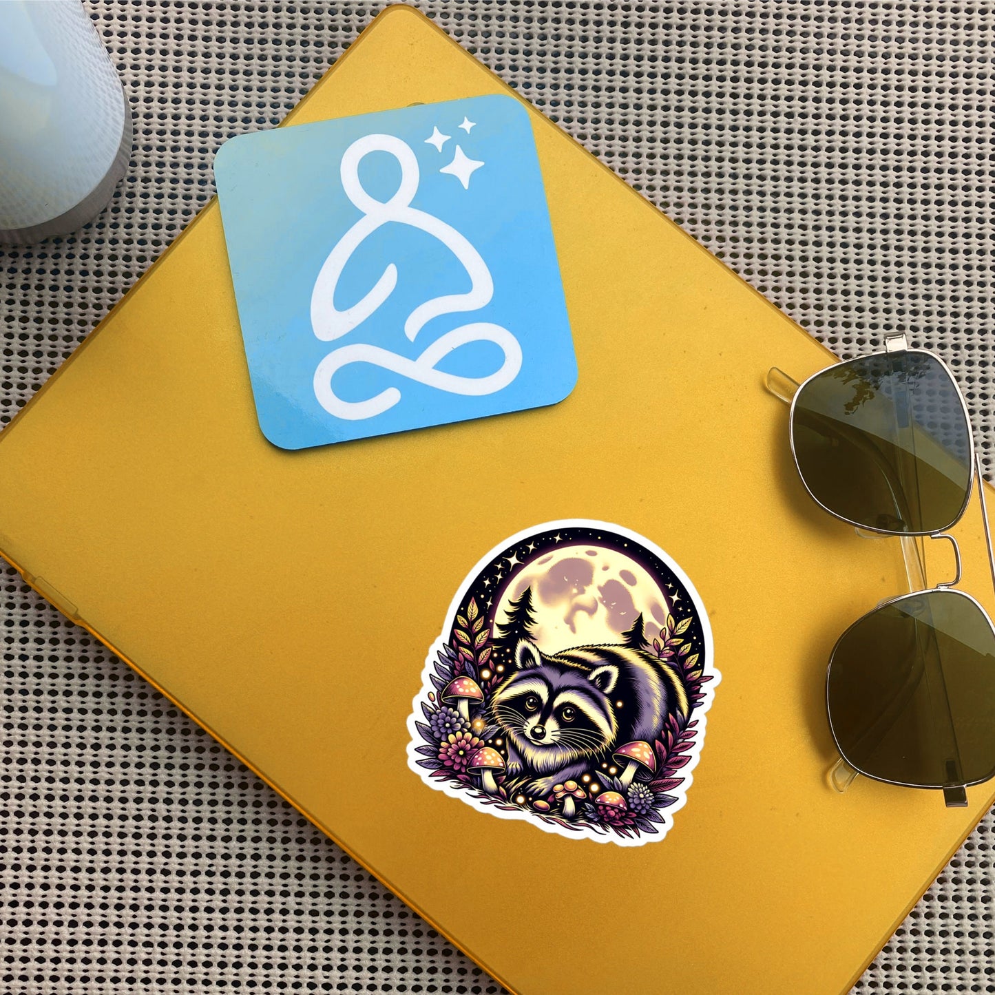 Cute Chubby Resting Raccoon in Mushrooms Under Moon Whimsigoth Dreamcore Vinyl Sticker