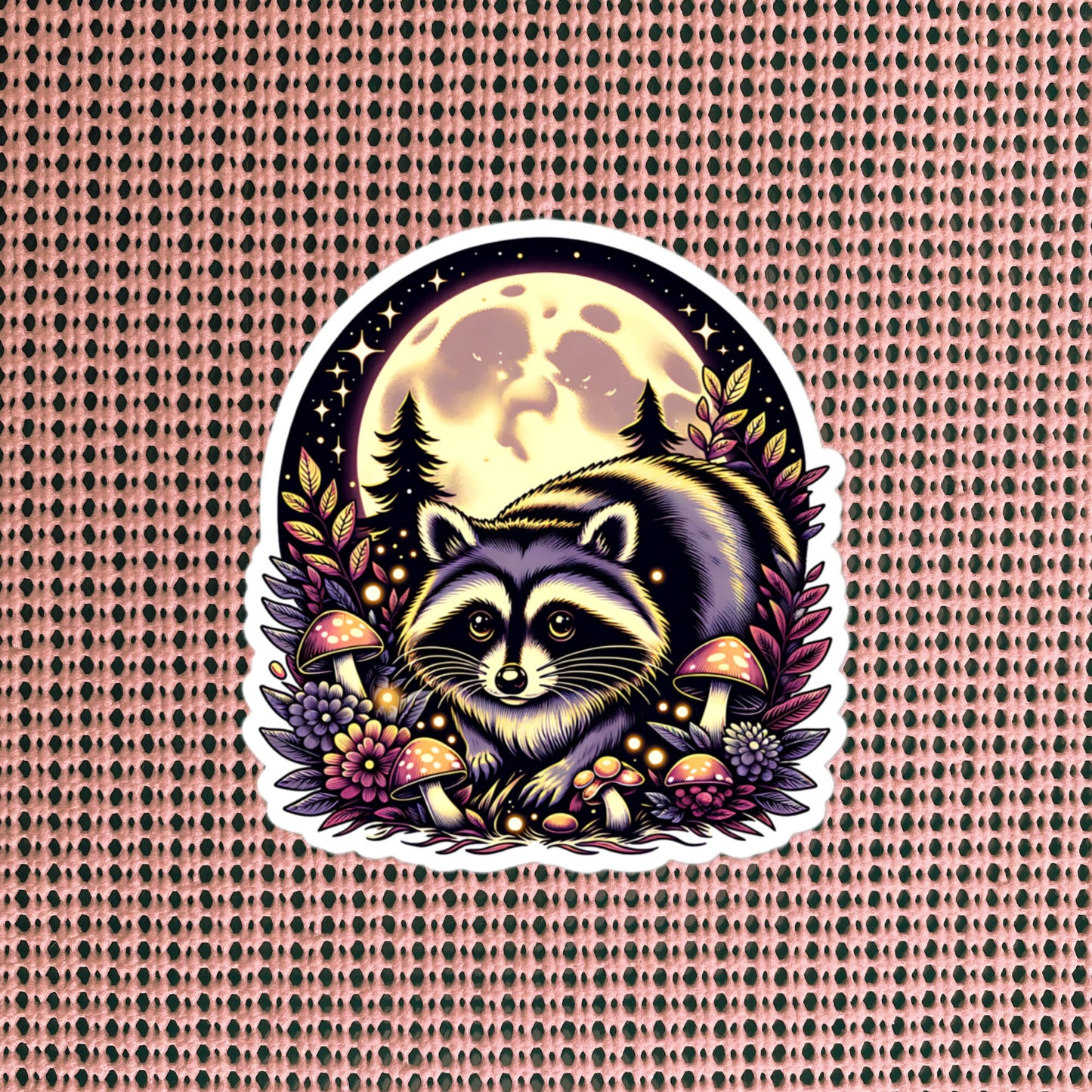 Cute Chubby Resting Raccoon in Mushrooms Under Moon Whimsigoth Dreamcore Vinyl Sticker
