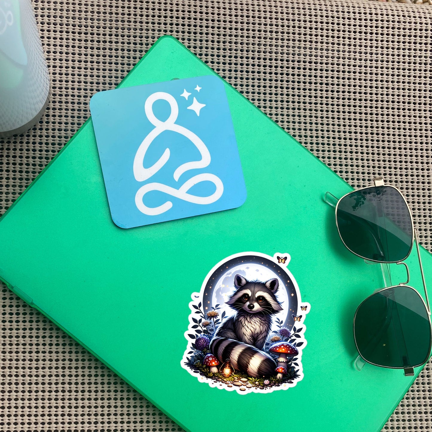 Whimsigoth Dreamcore Raccoon In Moonlight Mushrooms and Moths Original Art Unique Vinyl Sticker