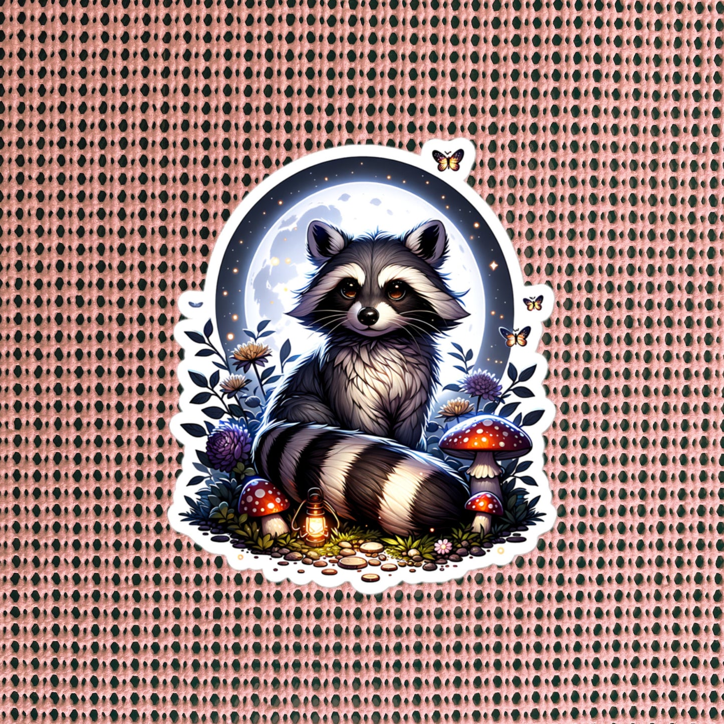 Whimsigoth Dreamcore Raccoon In Moonlight Mushrooms and Moths Original Art Unique Vinyl Sticker