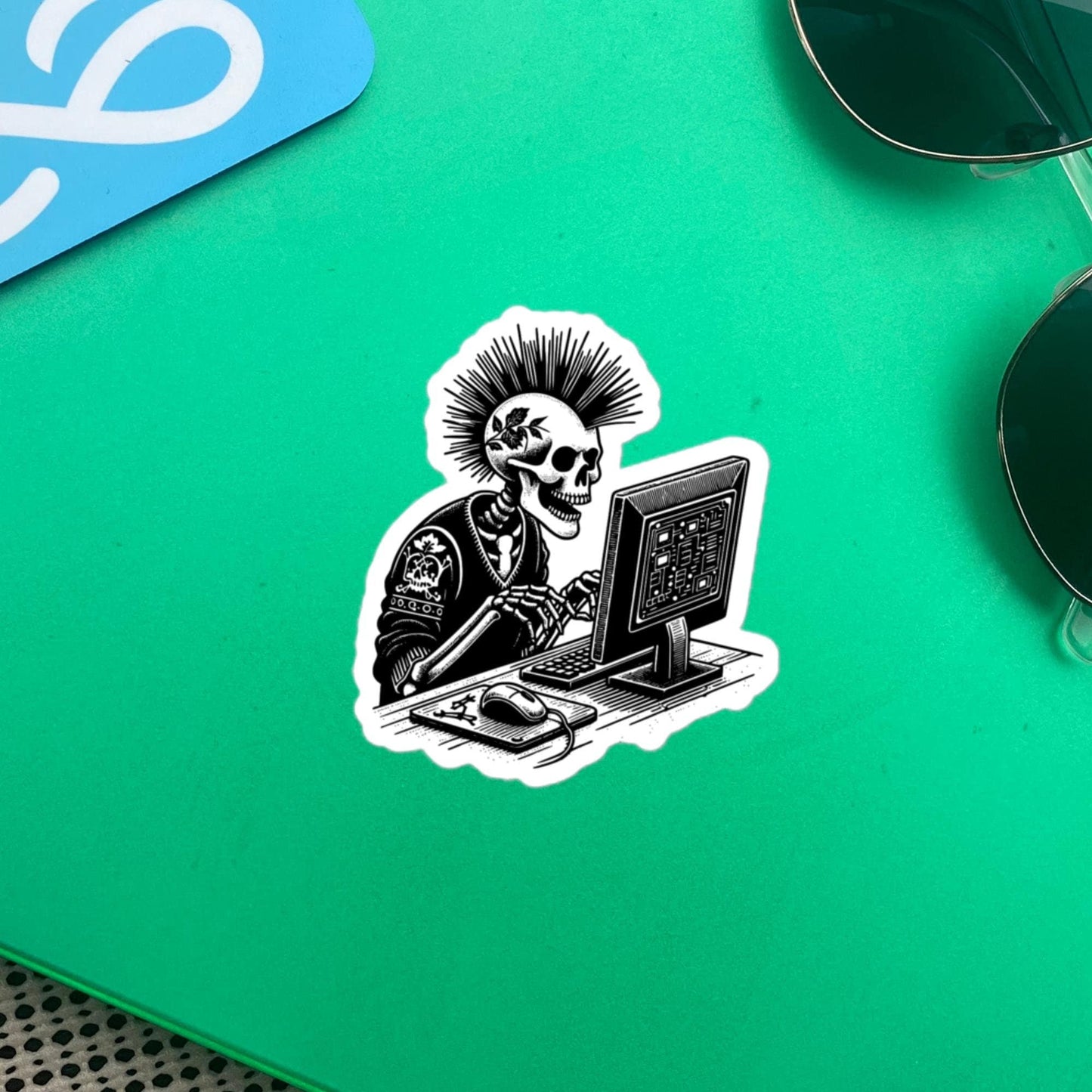 Punk Rock Skeleton on Computer Sticker, Cyberpunk Skeleton with Tech Sticker, Weirdcore Weird Stuff, Original Steampunk Warcore Art