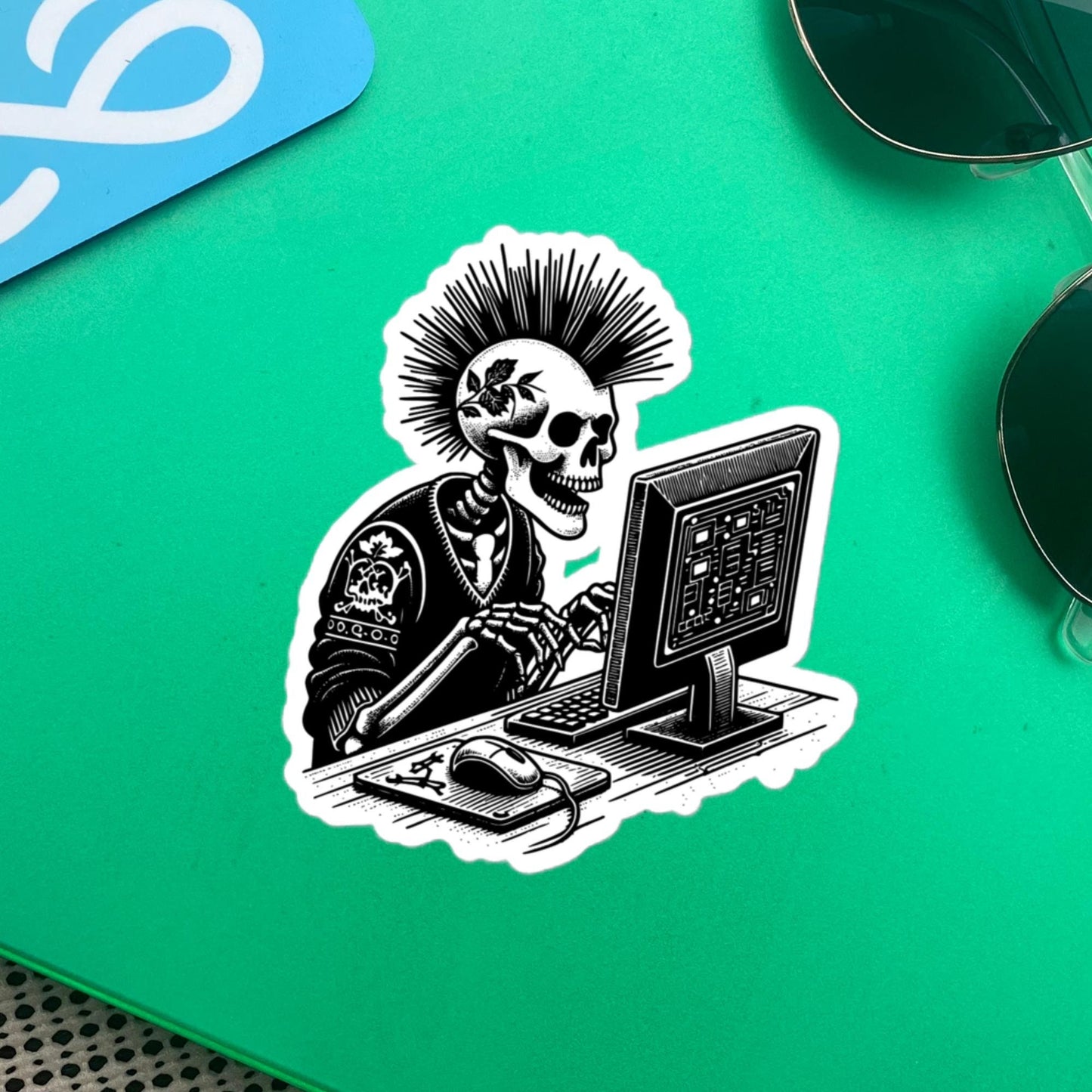 Punk Rock Skeleton on Computer Sticker, Cyberpunk Skeleton with Tech Sticker, Weirdcore Weird Stuff, Original Steampunk Warcore Art
