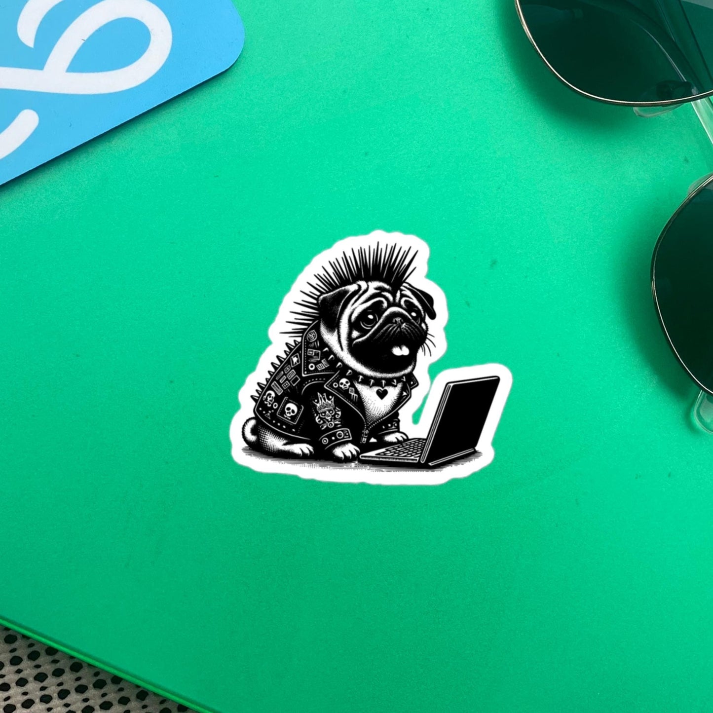 Punk Rock Pug on Computer Sticker, Cyberpunk Dog with Tech Sticker, Weirdcore Weird Stuff, Original Steampunk Warcore Art