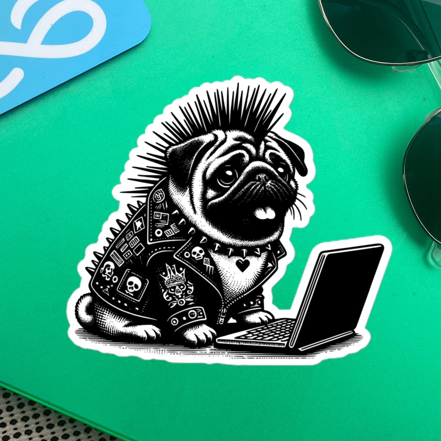Punk Rock Pug on Computer Sticker, Cyberpunk Dog with Tech Sticker, Weirdcore Weird Stuff, Original Steampunk Warcore Art