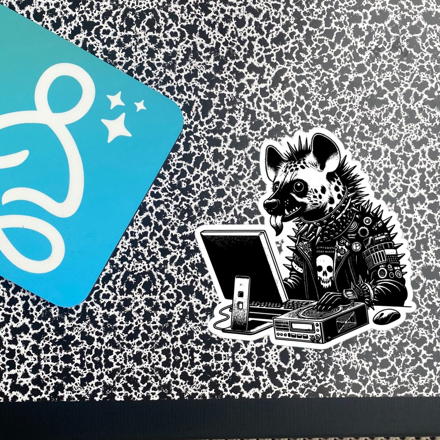 Punk Rock Hyena on Computer Sticker, Cyberpunk Hyena with Tech Sticker, Weirdcore Weird Stuff, Original Steampunk Warcore Art