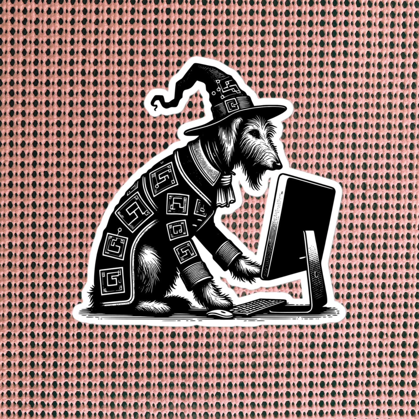 Punk Rock Irish Wolfhound on Computer Sticker, Cyberpunk Dog with Tech Sticker, Weirdcore Weird Stuff, Original Steampunk Art Unique Gift