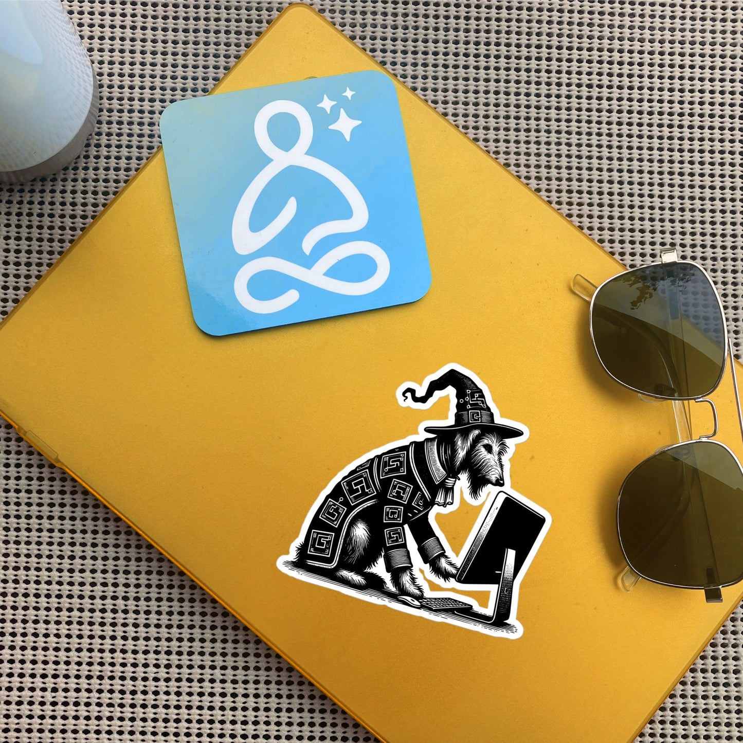 Punk Rock Irish Wolfhound on Computer Sticker, Cyberpunk Dog with Tech Sticker, Weirdcore Weird Stuff, Original Steampunk Art Unique Gift