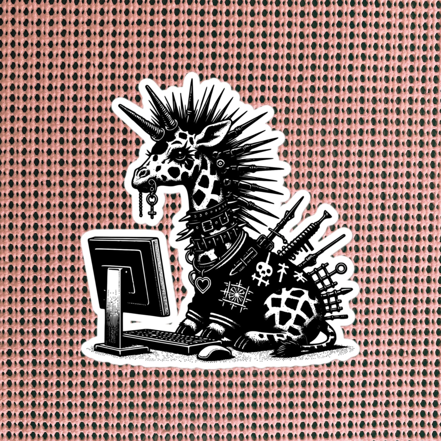 Punk Rock Giraffe on Computer Sticker, Cyberpunk Giraffe with Tech Sticker, Weirdcore Weird Stuff, Original Steampunk Warcore Art