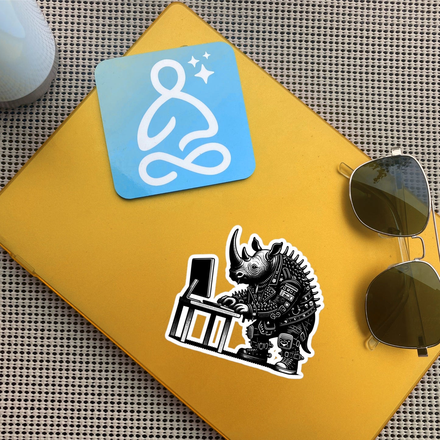 Punk Rock Rhino on Computer Sticker, Cyberpunk Rhinoceros with Tech Sticker, Weirdcore Weird Stuff, Original Steampunk Warcore Art