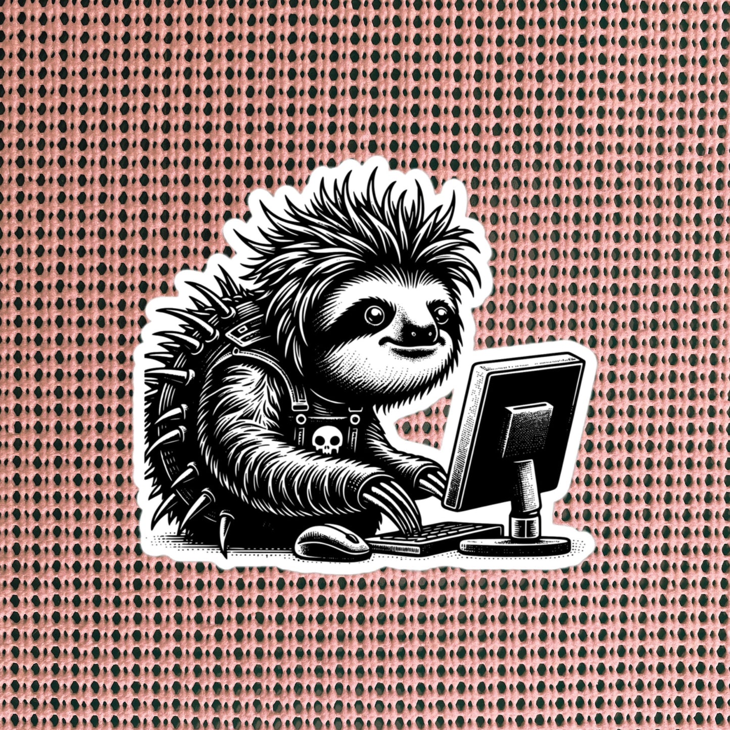 Punk Rock Sloth on Computer Sticker, Cyberpunk Sloth with Tech Sticker, Weirdcore Weird Stuff, Original Steampunk Warcore Art