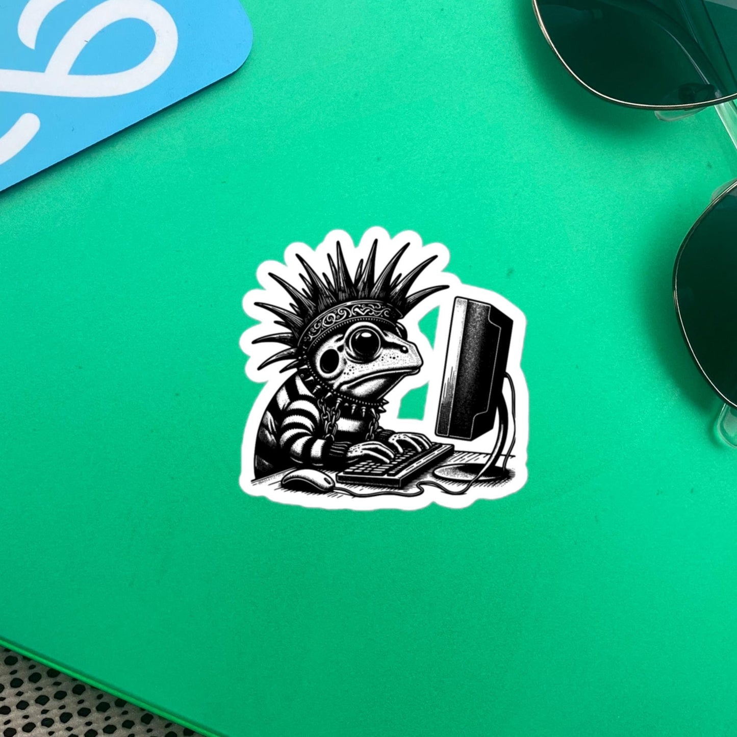 Punk Rock Frog on Computer Sticker, Cyberpunk Frog with Tech Sticker, Weirdcore Weird Stuff, Original Steampunk Warcore Art