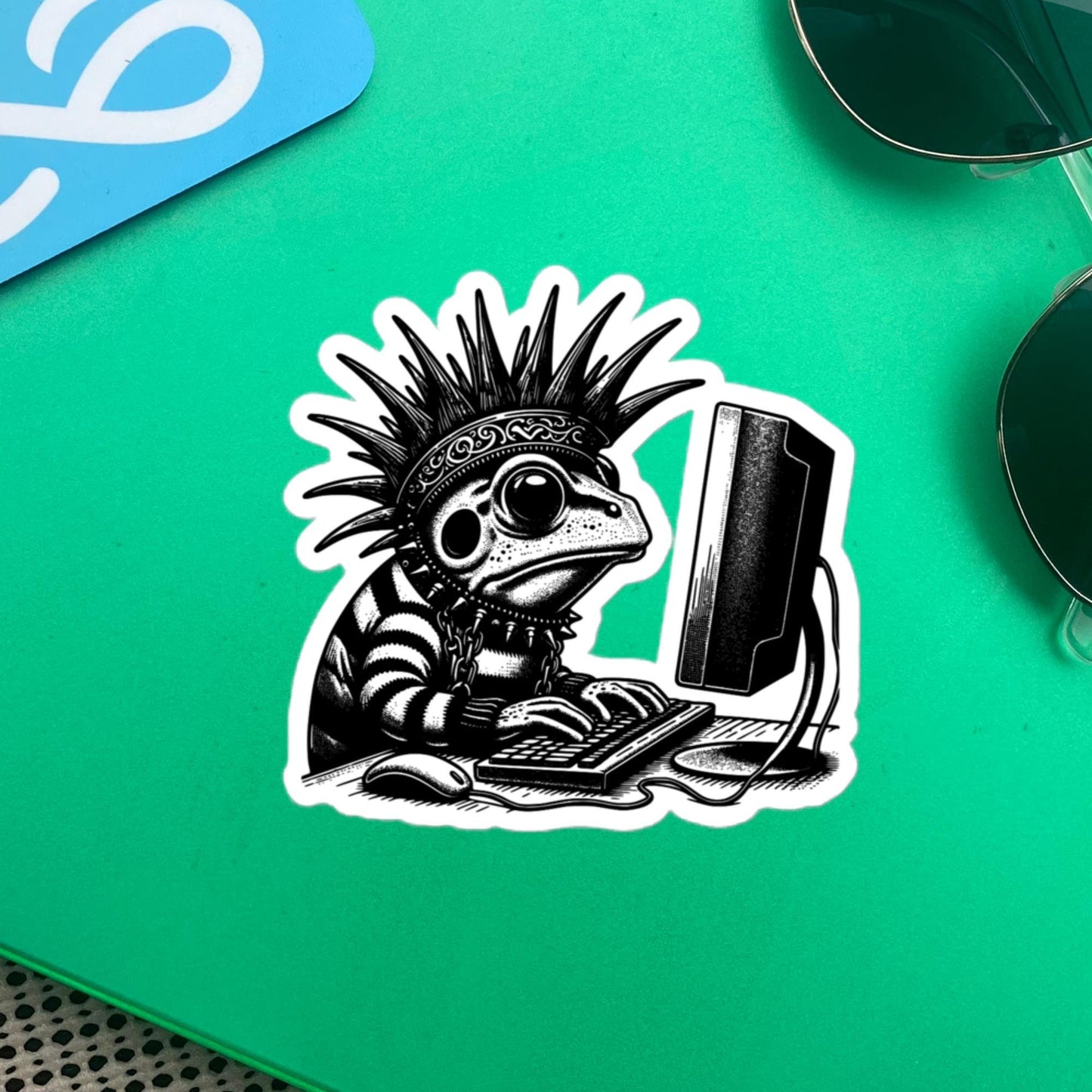 Punk Rock Frog on Computer Sticker, Cyberpunk Frog with Tech Sticker, Weirdcore Weird Stuff, Original Steampunk Warcore Art
