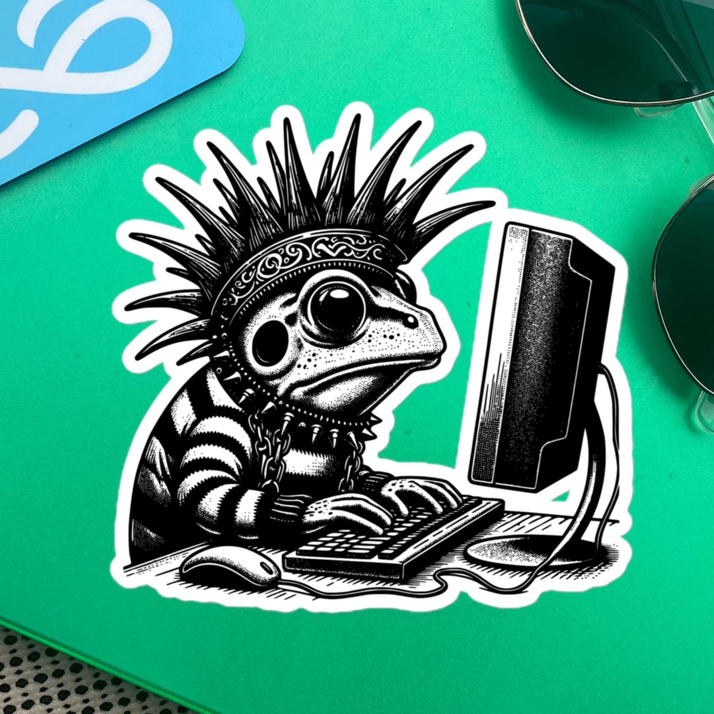 Punk Rock Frog on Computer Sticker, Cyberpunk Frog with Tech Sticker, Weirdcore Weird Stuff, Original Steampunk Warcore Art