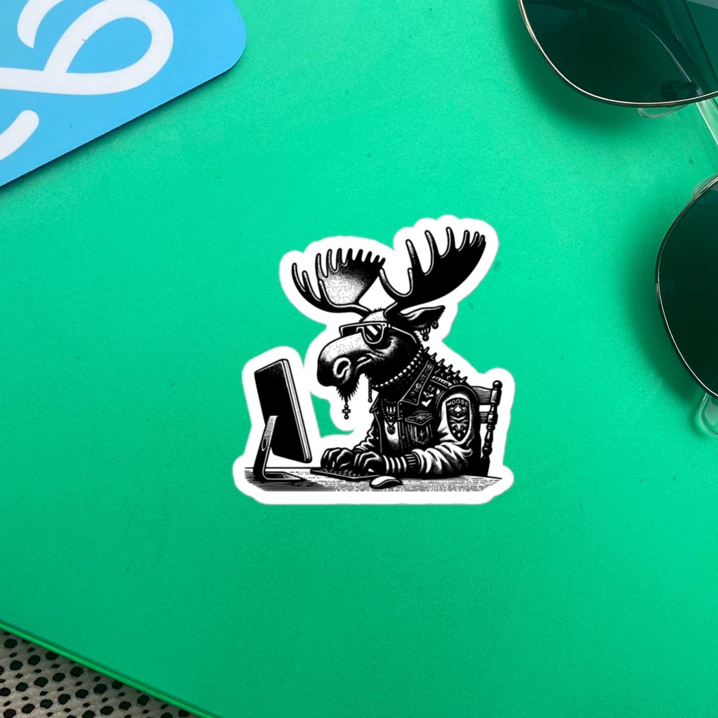 Punk Rock Moose on Computer Sticker, Cyberpunk Moose with Tech Sticker, Weirdcore Weird Stuff, Original Steampunk Warcore Art