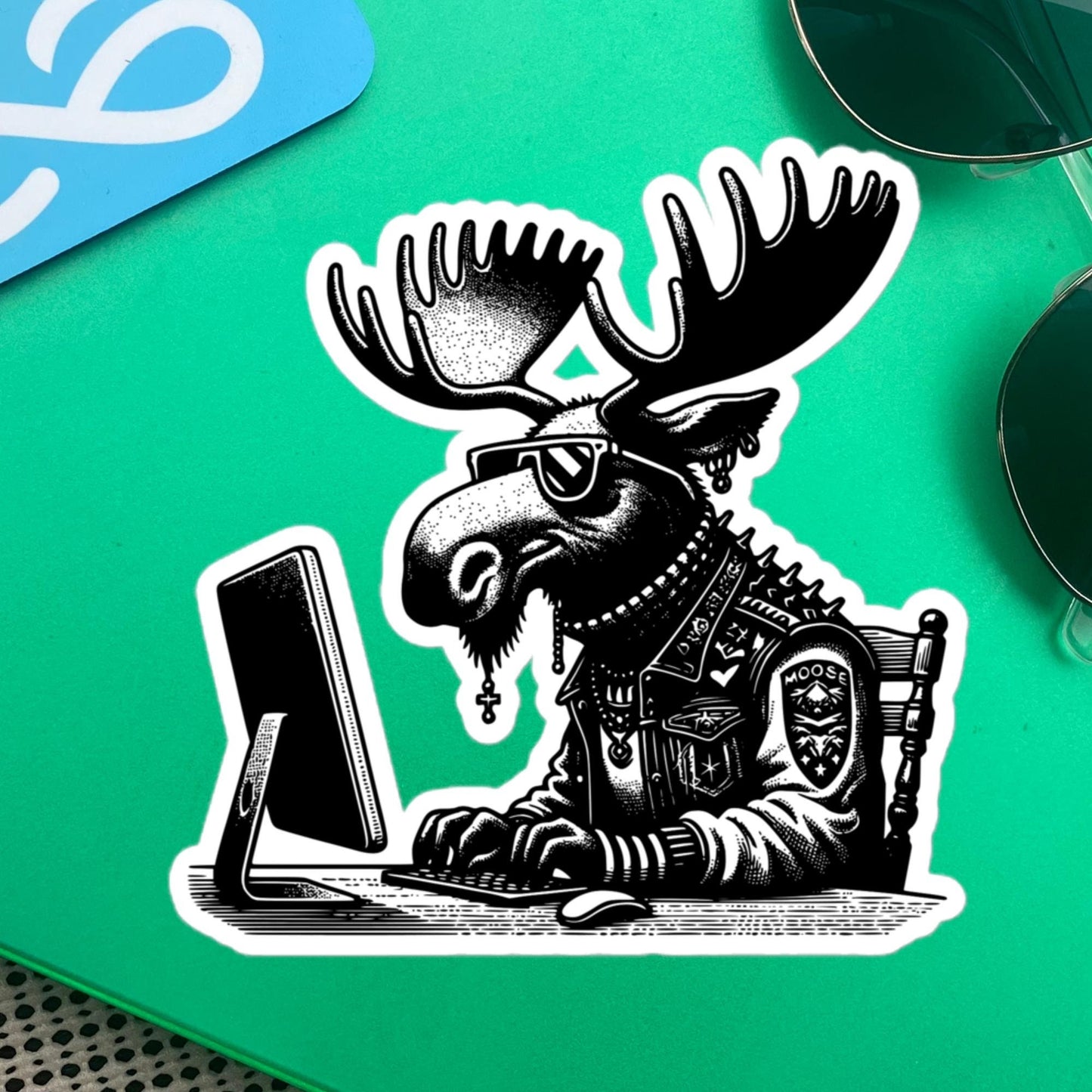 Punk Rock Moose on Computer Sticker, Cyberpunk Moose with Tech Sticker, Weirdcore Weird Stuff, Original Steampunk Warcore Art