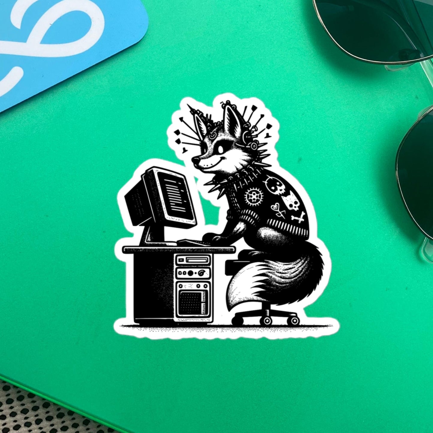 Punk Rock Fox on Computer Sticker, Cyberpunk Fox with Tech Sticker, Weirdcore Weird Stuff, Original Steampunk Warcore Art