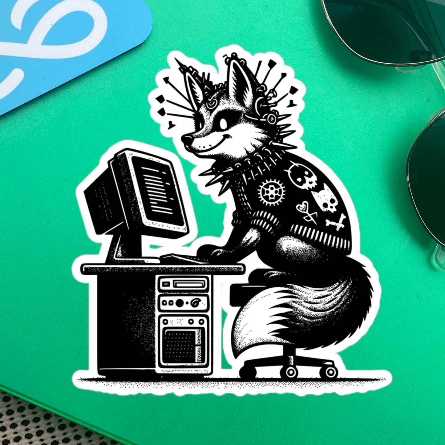 Punk Rock Fox on Computer Sticker, Cyberpunk Fox with Tech Sticker, Weirdcore Weird Stuff, Original Steampunk Warcore Art