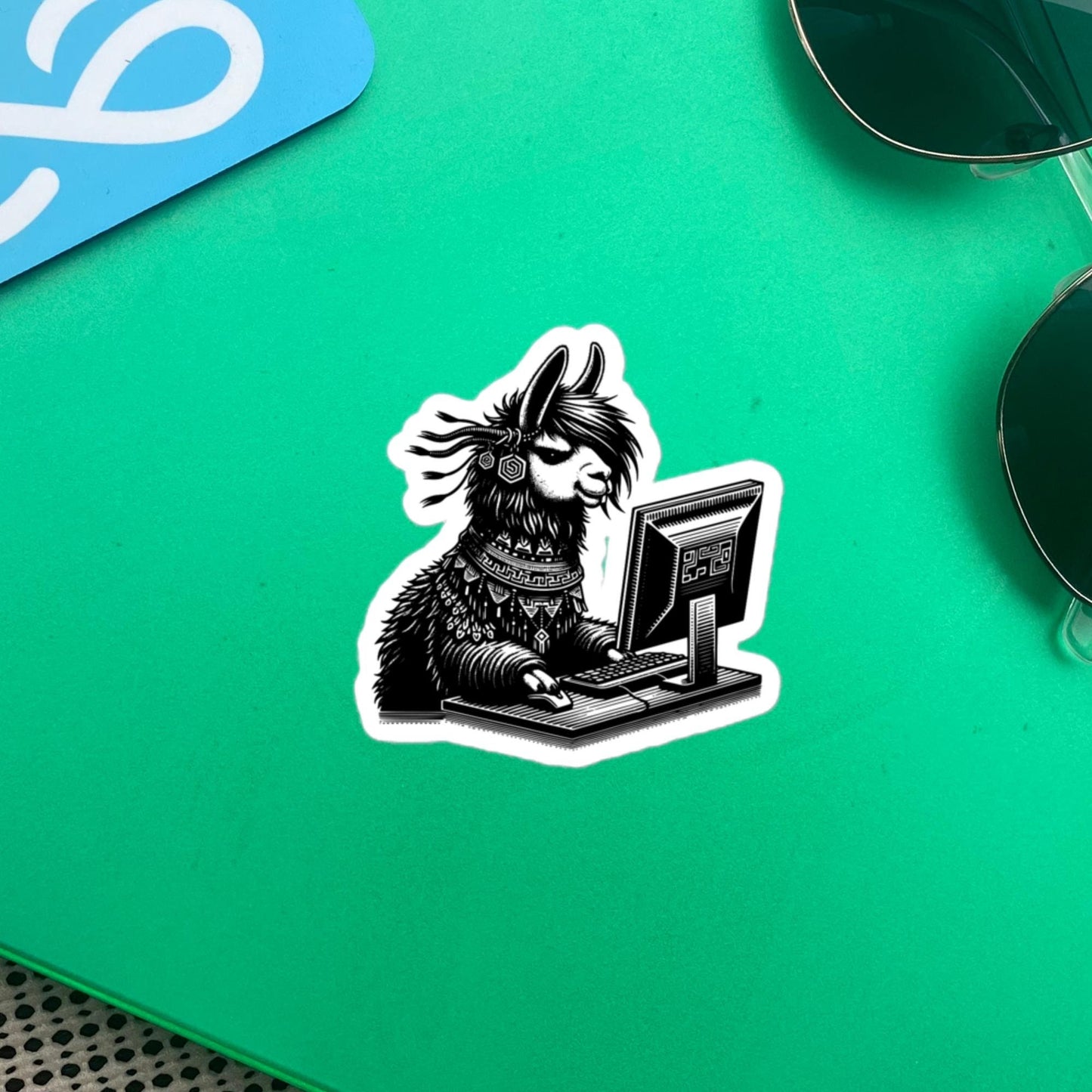 Punk Rock Llama on Computer Sticker, Cyberpunk Llama with Tech Sticker, Weirdcore Weird Stuff, Original Steampunk Warcore Art