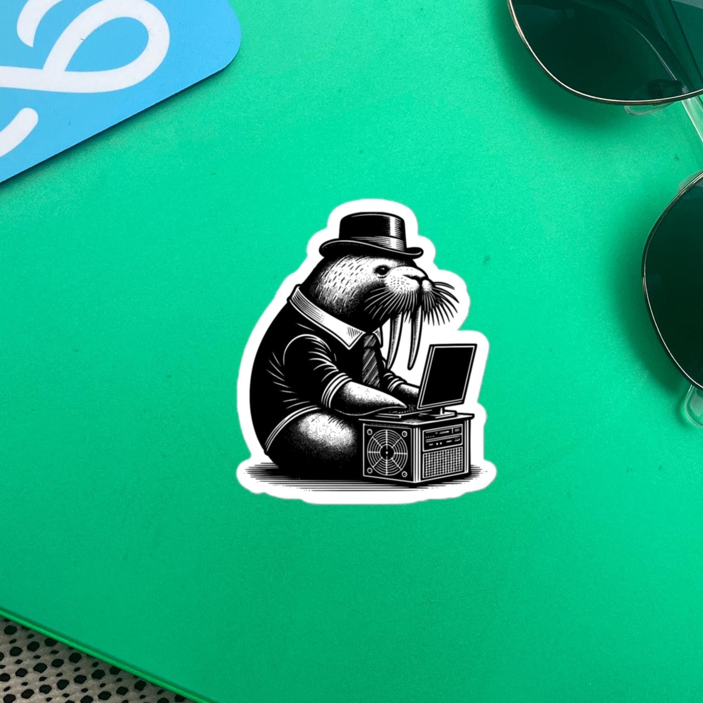 Punk Rock Walrus on Computer Sticker, Cyberpunk Walrus with Tech Sticker, Weirdcore Weird Stuff, Original Steampunk Warcore Art