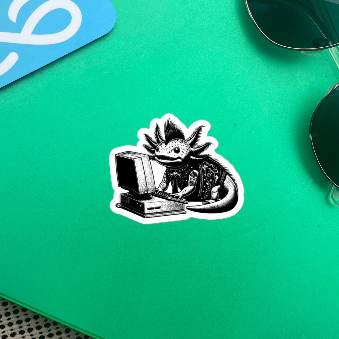 Punk Rock Axolotl on Computer Sticker, Cyberpunk Axolotl with Tech Sticker, Weirdcore Weird Stuff, Original Steampunk Warcore Art